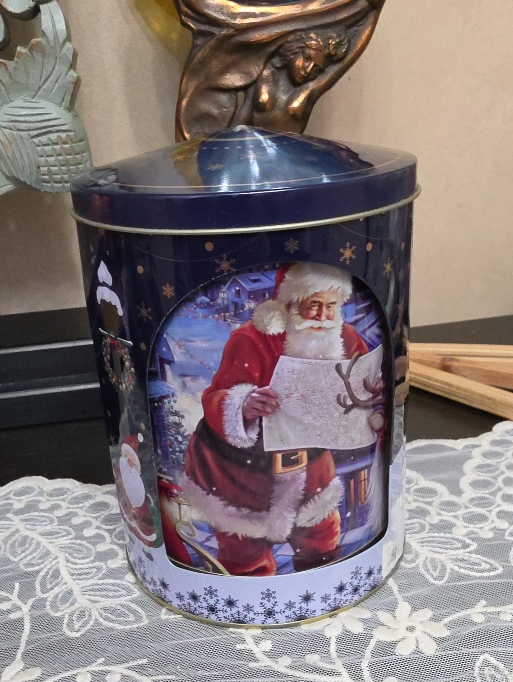 Holiday Santa Cookie Tin - Navy and Red Decorative Storage
